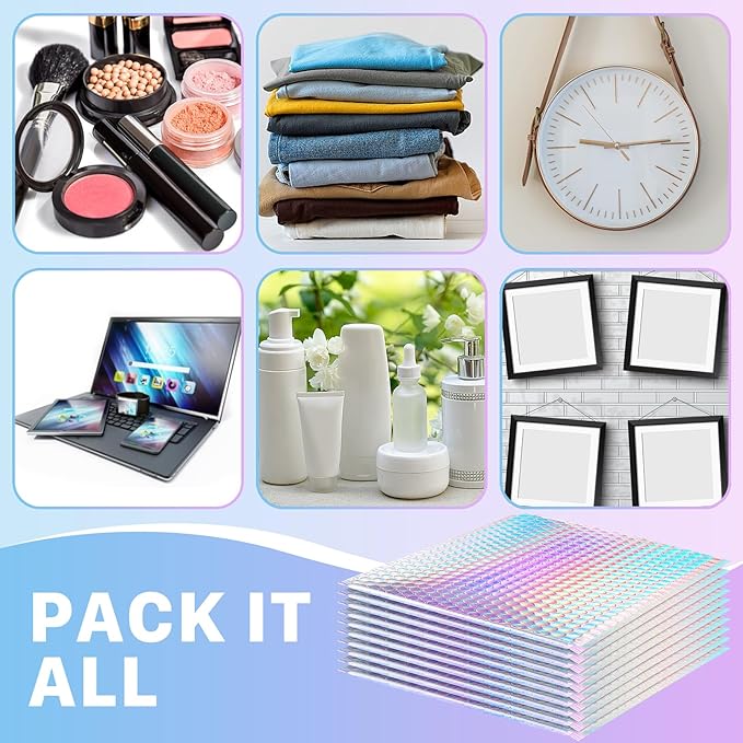 25 Pcs Metallic Bubble Mailers, 8x10 Inch Holographic Bubble Mailers, Poly Padded Envelopes, Self Sealing Shipping Bags, Waterproof Cushion Envelopes for Mailing Packaging Small Business