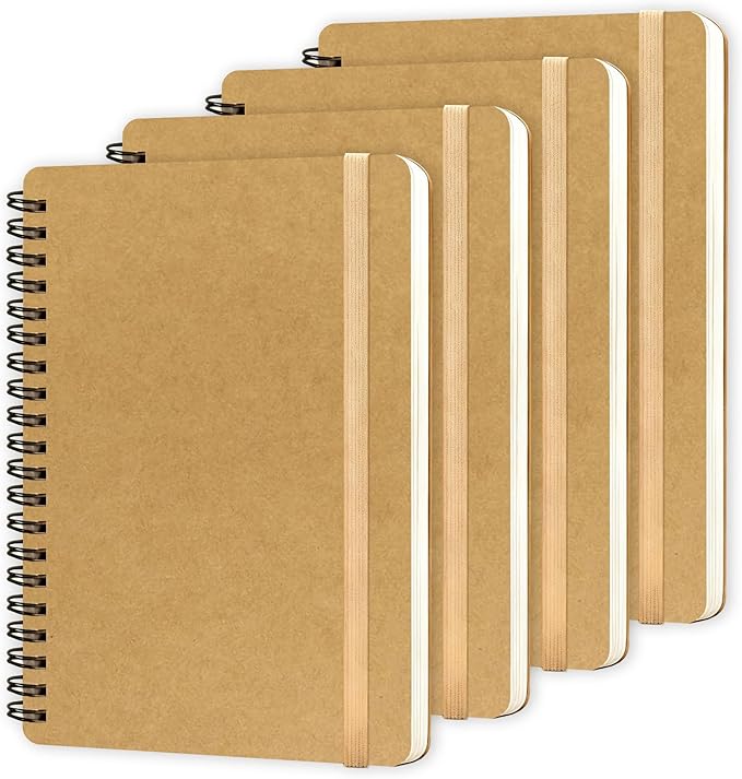 4 PCS Spiral Notebook, Spiral Journal Notebook, Notebooks for Work, Note Taking, School, Small Notebooks with Strap, Cute Notebooks for Women (Khaki)