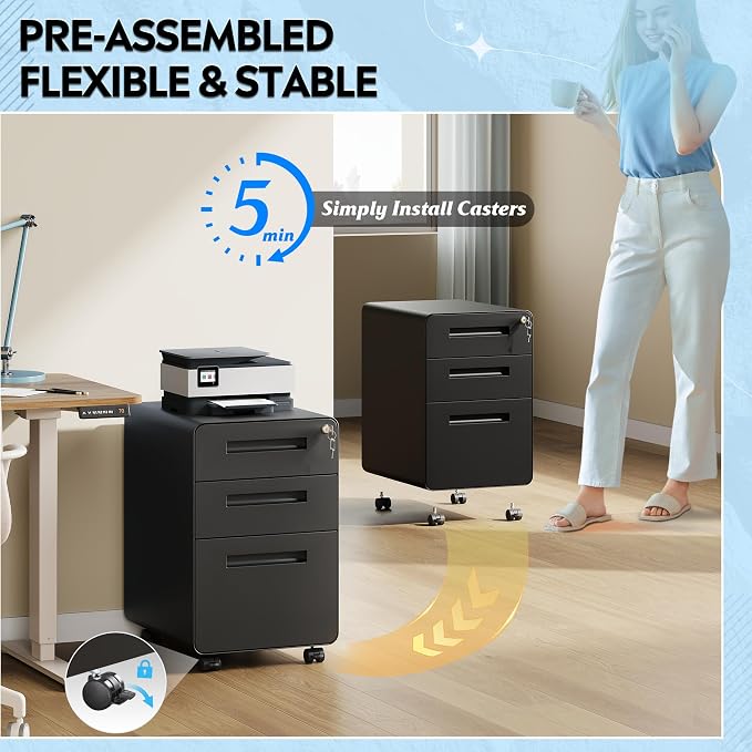 DEVAISE 3 Drawer File Cabinet with Lock, Fully Assembled Except Casters | Thickened Metal Mobile Filing Cabinet, Under Desk File Cabinet for Home Office, fits Letter/Legal Size, Black