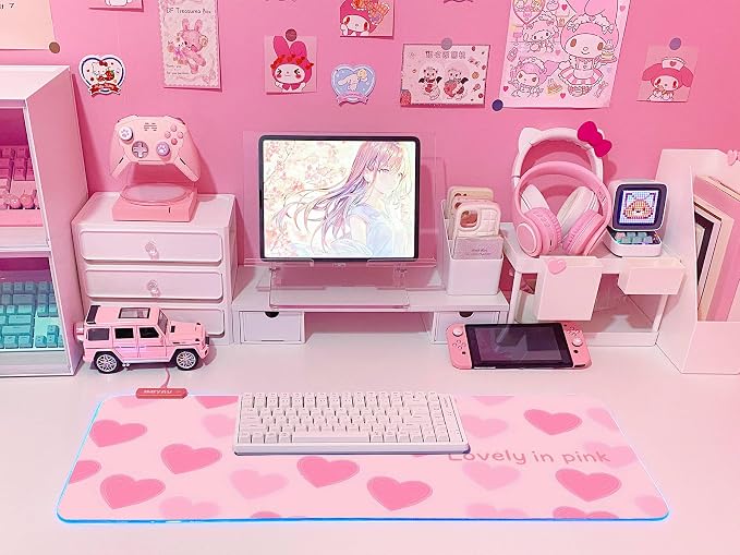 JMIYAV Pink Love Heart RGB Gaming Mouse Pad 31.5x12 Inch Cute Mousepad PC XL Large Extended Glowing Led Light Up Desk Pad Non-Slip Rubber Base Computer Mat Desk Accessories Gaming Setup Sweet Hearts