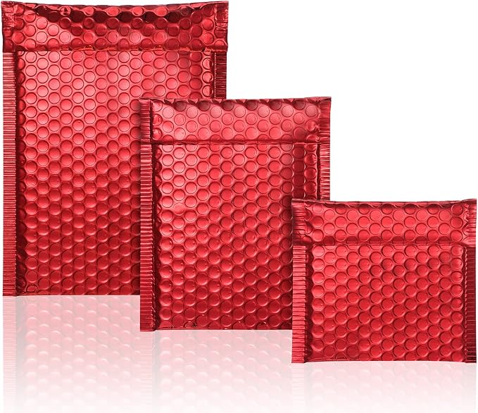 50 Pieces Bubble Mailers 3 Sizes Self Seal Adhesive Poly Mailers Metallic Foil Glitter Padded Shipping Bubble Envelopes for Valentine Mailing Packing Small Business(Red)