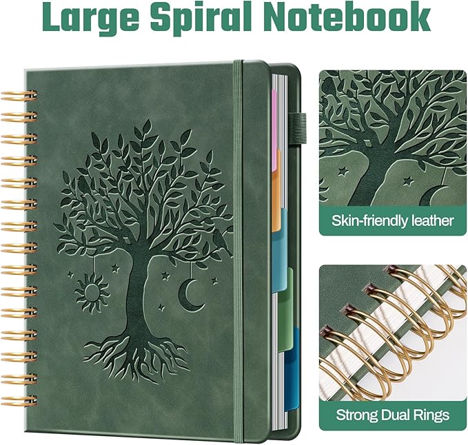 Hardcover Spiral Notebook 6.1" x 8.4" with 5 Removable Dividers 300 Pages Leather 5 Subject Notebook College Ruled 100GSM Large Spiral Notebooks for Work Thick Lined Journal for Women, Green