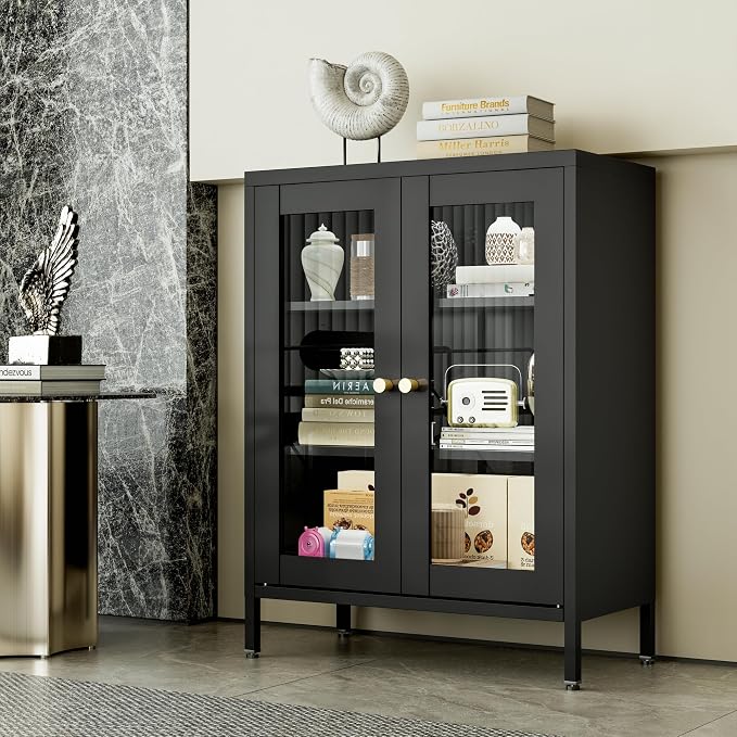 Bevivog Small Display Cabinet with Glass Doors, 12" Shallow Metal Storage Cabinet Short Bookcase with Two Doors Two Shelves for Home Office Living Room