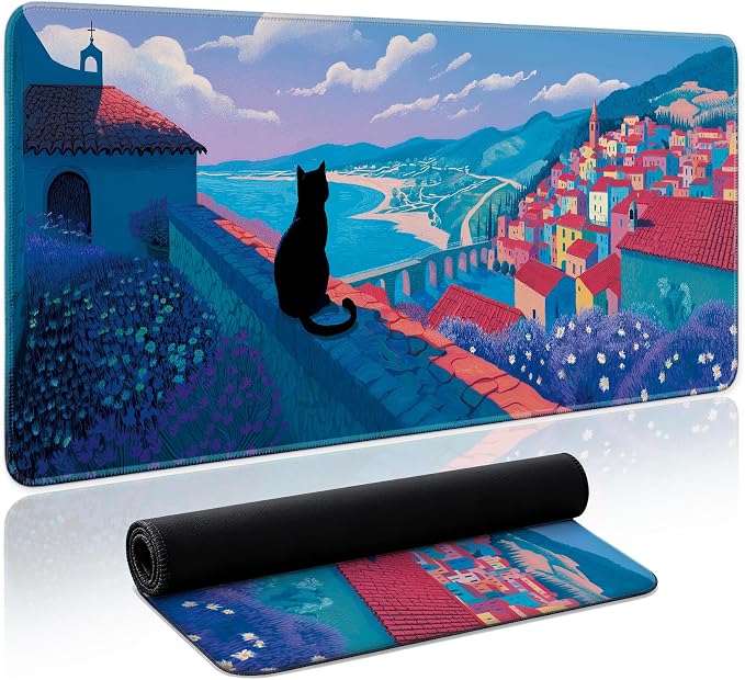 Aesthetic Desk Mat, Cute Hillside Cat Desk Pad Protector for Work & Decor, 31.5" x 11.8", Pretty Non-Slip Extended Mouse Pad for Office or Home