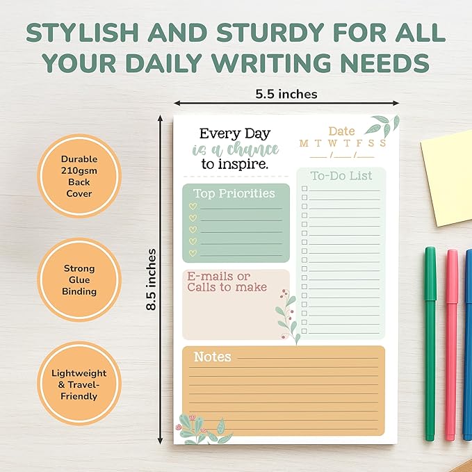 Decorably 2-Pack 50 Sheets Minimalist Undated Teacher To Do List Notepad, 5.5x8.5in Spring-Bound, Easy Tear-Off Design, with Top Priorities, Daily Focus, Contacts, Notes - Home, School