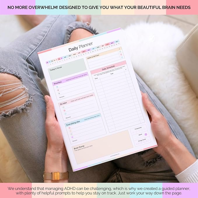 ADHD Daily Planner Notepad for Neurodivergent Adults - Productivity Daily Planner Desk Pad & Task Management to Stay Organized and Focused Note Pad (Rainbow, A4 Portrait)