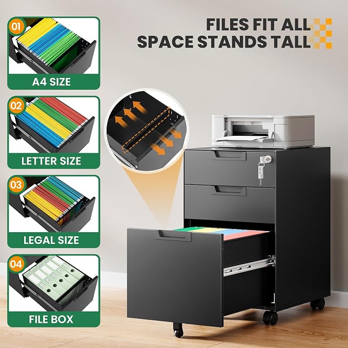 3-Drawer File Cabinet with Lock, Under Desk Rolling Filing Cabinet for Legal/Letter/A4 File Folder, Printer Stand, Metal Storage Cabinet on Wheels for Home Office(Fully Assembled，Black)