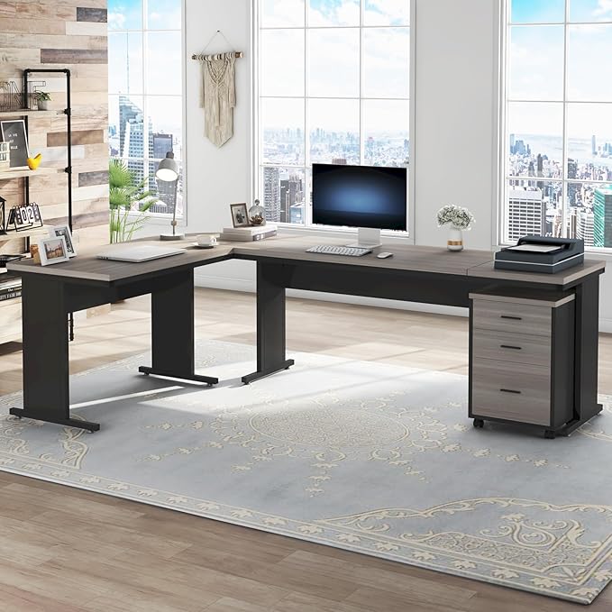 Tribesigns 83" L-Shaped Executive Desk, Large Office Desk with Drawes, Industrial Corner Computer Table with File Cabinet, Business Workstation for Home Office (Gray, 83")