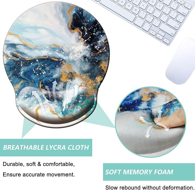 Mouse Pad with Wrist Support, Ergonomic Mouse Pad with Memory Foam Wrist Rest Cushion, Non-Slip Rubber Base Gaming Mice Pad for Home Office Computer Laptop, Green Golden Marble
