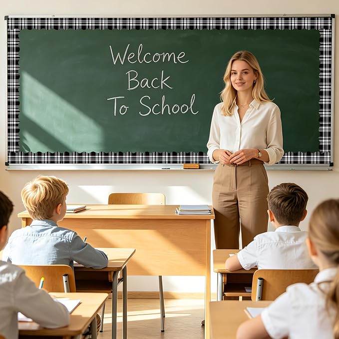 BeYumi Black Plaid Border Trim - 65ft Back to School Classic Black and White Plaid Scalloped Rolled Border Trim Checkered Bulletin Board Set School Classroom Office Chalkboard Wall Holiday Party Decor