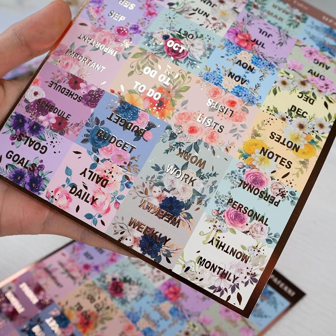 UPAFEXXI-Laminated Planner Monthly Tabs, 72 Stickers in Total(Floral) | 24 Month,24 Subject,24 Blank,Calendar Monthly Label Stickers for Planners, Subject Label Adhesive Tabs for Folders, Pages