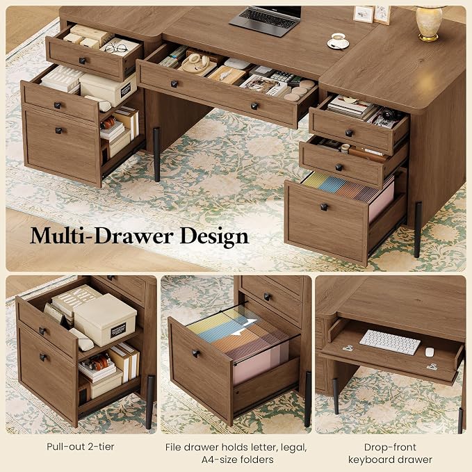 63" W x 27.6" D Executive Desk with 2 Cabinets & 6 Drawers, Farmhouse Home Office Desks with Keyboard Tray, Large Boss Desk with Privacy Panel, Modern Table with Open Shelf and File Drawer