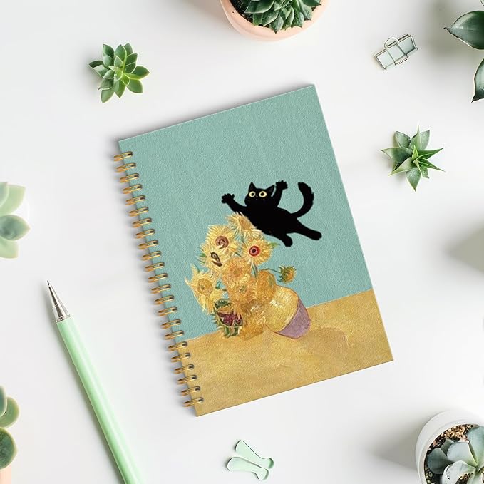 ROXMART Abstract Sunflower Black Cat Spiral Notebook, Cats Lover Gifts Journal, Black Cat Gifts for Women, Whimsical Floral Kitty Kitten Hardcover Notebook Journal, 5.5x8.3 Inch