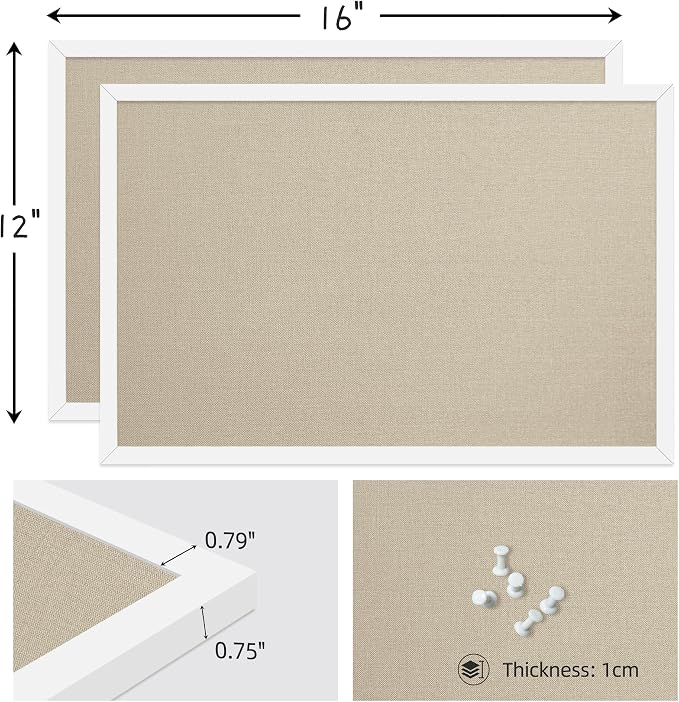 2-Pack 12"x16" White Framed Natural Wood Tone Bulletin Board, Pin Board | Linen corkboard texture. Premium cork boards for walls and pin board office organizer.