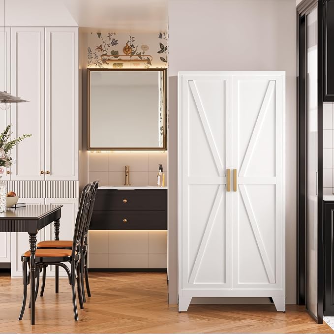 QINPTWUT 61" Metal Storage Cabinet, 4-Tier Kitchen Pantry with 3 Adjustable Shelves, Farmhouse Design Freestanding Cupboard for Kitchen, Bathroom, Laundry, Garage, White