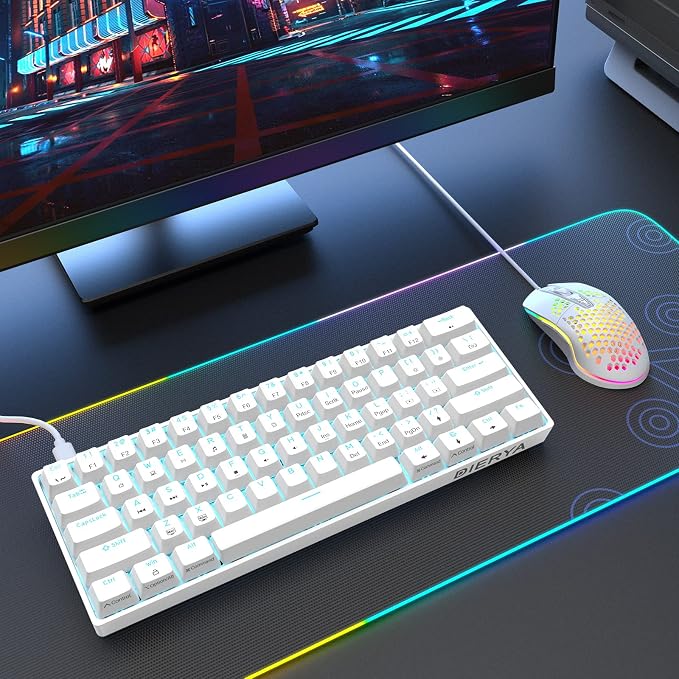 DIERYA 60% Mechanical Keyboard, DK61se Wired Gaming Keyboard with Blue Switches, LED Backlit Ultra-Compact 61 Keys Mini Office Keyboard for Windows Laptop PC Gamer Typist（White）