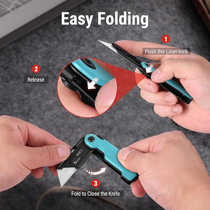 WORKPRO Folding Utility Knife with 10 Extra SK5 Blades, EDC Razor Sharp Knife with G10 Handle, Quick Change Box Cutter with Belt Clip, for Heavy Duty, DIY, Home, Office & Artcraft Use - Blue