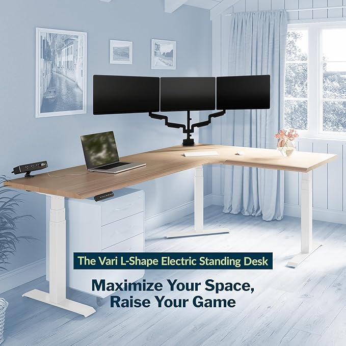 Vari ComfortEdge 80x60 L-Shape Electric Standing Desk – Height Adjustable Sit-Stand VariDesk for Corner Office with Reversible Left/Right Design + Light Wood/White Legs (Ships in 3 Boxes)