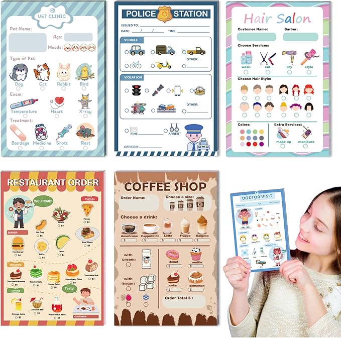 Kids Pretend Play Notepads 4X6 In Pretend Play Notebooks Playtime Notepads Variety Role Play Game Accessories Pages Each for Kids Toddlers 3-5(6,Coffee shop/restaurant/doctor/police/vet/salon)