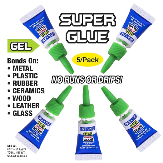 BAZIC Products Single-Use Super Glue Gel, 0.017 oz, 5 Count, 24-Box | Dries clear, Single-use super glue gel tubes, 0.017 oz each, Bonds metal, Plastic, Wood, Ceramic, Glass in seconds