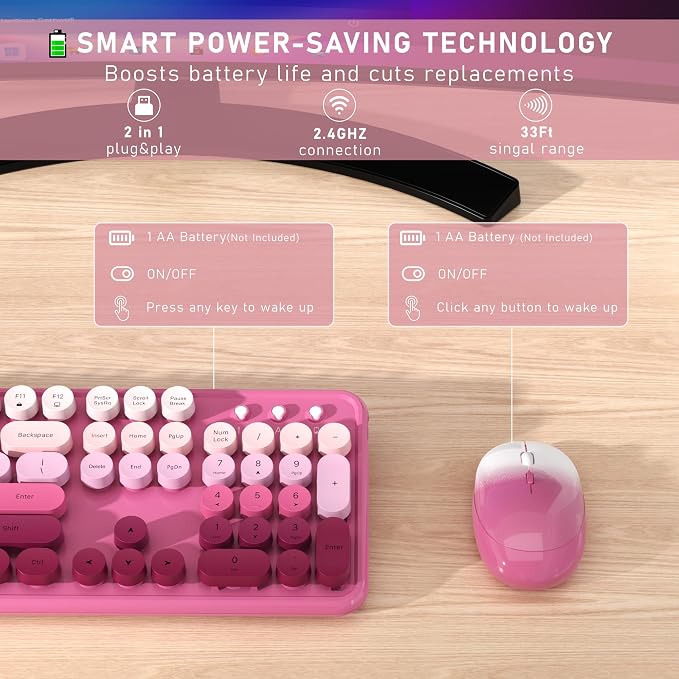 Links9+ Colorful Wireless Keyboard and Mouse Combo (Dark Pink Gradient) | Full-Size Retro Typewriter Style Keyboard with Vintage Round Keycaps, 2.4G Wireless Set for Windows, Mac, Laptop, PC, Desktop