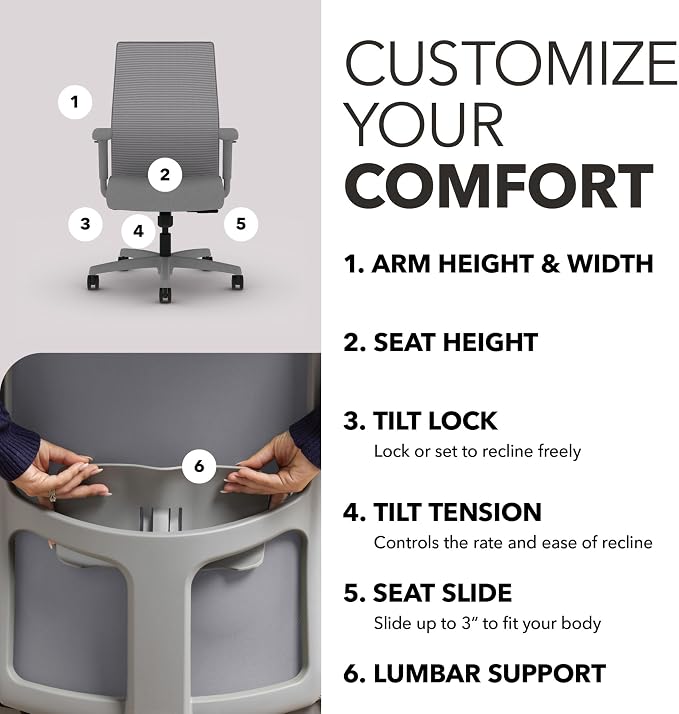 HON Ignition 2.0 Ergonomic Office Chair, Lumbar Support, Frost | Ergonomic office desk chair with lumbar support, adjustable arms, office decor, workstation comfort for focused productivity