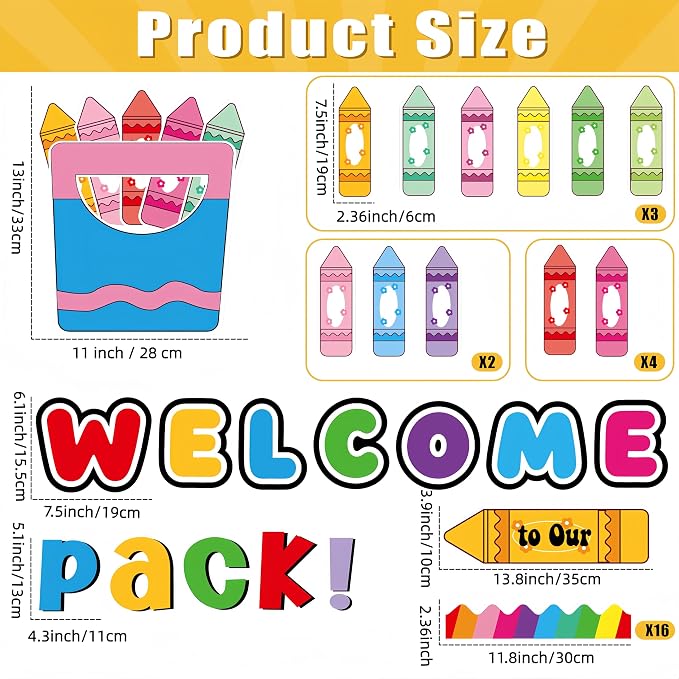 Welcome Back to School Bulletin Board Set Colorful Crayon Theme Classroom Decorations Welcome to Our Pack Bulletin Board Crayons Name Tags Cutout for School Office Chalkboard Wall Decor