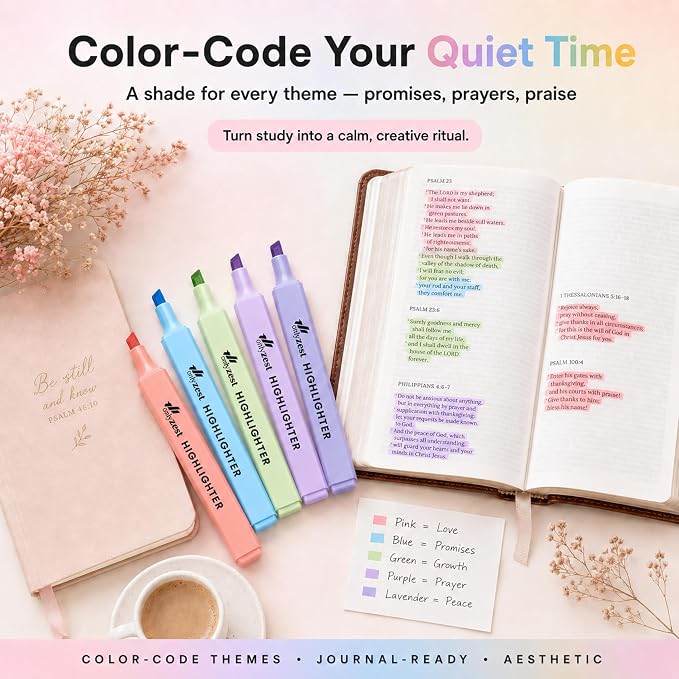10 Aesthetic Bible Highlighters - Chisel Tip Liquid Ink Marker | Pen with Snap Caps for Clean Highlighting - Assorted Colors, No Bleed & Quick Dry - Bible Marker for Journaling & Studying