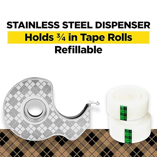 Scotch Stainless Steel Refillable Dispenser and 2 Rolls of Scotch Magic Tape with 66% Plant Based Adhesive, 0.75 in. x 550 in, Invisible Tape, Office Supplies and School Supplies