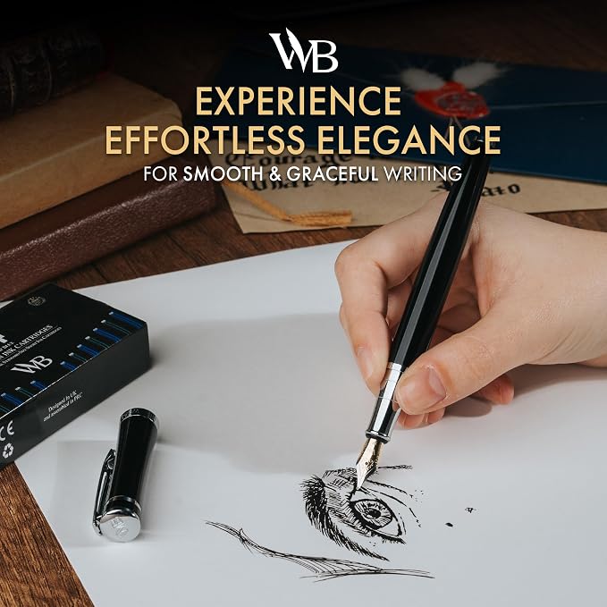 Wordsworth & Black Fountain Pen Set for Writing, Extra Fine Nib, Black | Gift for Men & Women, Brass Body, German Iridium, Calligraphy, Converter + 24 Ink Cartridges, Refillable, Leak-Free