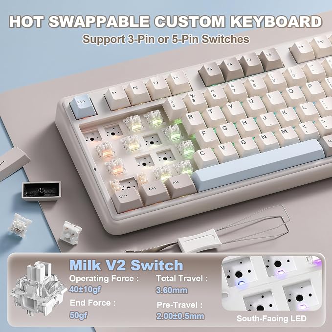 YUNZII B98 PRO 96% Wireless Mechanical Keyboard (Beige, Milk Switch) | QMK/VIA, with Numpad, Dual-Style Knob Design, Creamy Pre-Lubed Switches, Hot Swap, Gasket Mount, RGB for Gaming/Win/Mac