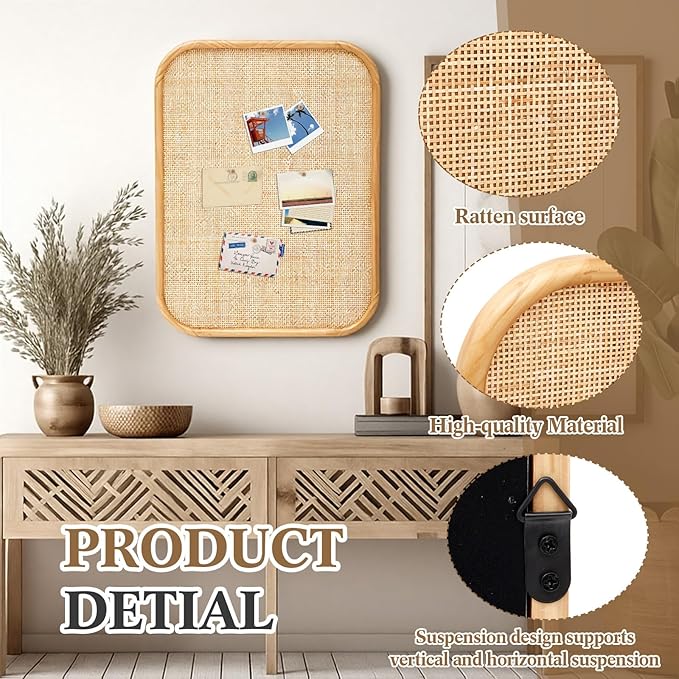 Vintage Framed Pin Board Linen Display Bulletin Board Large Ornate Fabric Picture Photo Pinboard Memo Decorative Prayer Pinboard Ornate for Wall Gift(Rectangle,20'' X 26'',Natural Rattan)