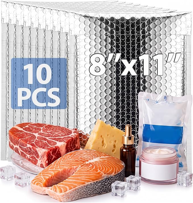 10 Pack 8 x 11 Inch Insulated Bubble Mailers, Silver | Self Adhesive Closure, Foil Lined Interior, Padded Cushioning, Waterproof, Cold Delivery Packing, for Food and Cosmetics
