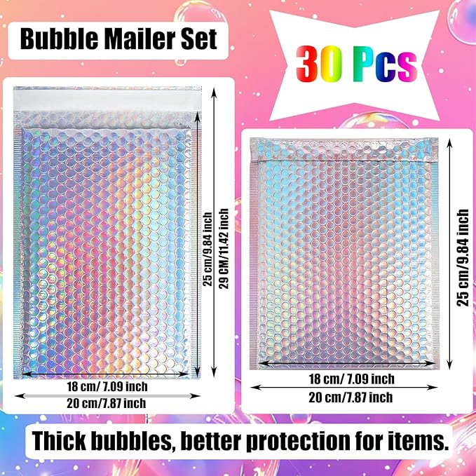 30 PCS Metallic Bubble Mailers,Poly Padded Envelopes,Holographic Bubble Mailers,Waterproof Shipping Bags,Self Seal Foil Glitter Glamour Cushion Envelopes for Mailing,Packing,Small Business