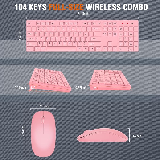 Wireless Keyboard and Mouse Combo, EDJO Silent Full Size Cordless USB Keyboard Mouse, 2.4GHz Lag-Free, Long Battery Life, for Computer, Laptop, PC, Chromebook, Windows (Pink, 1 Pack)