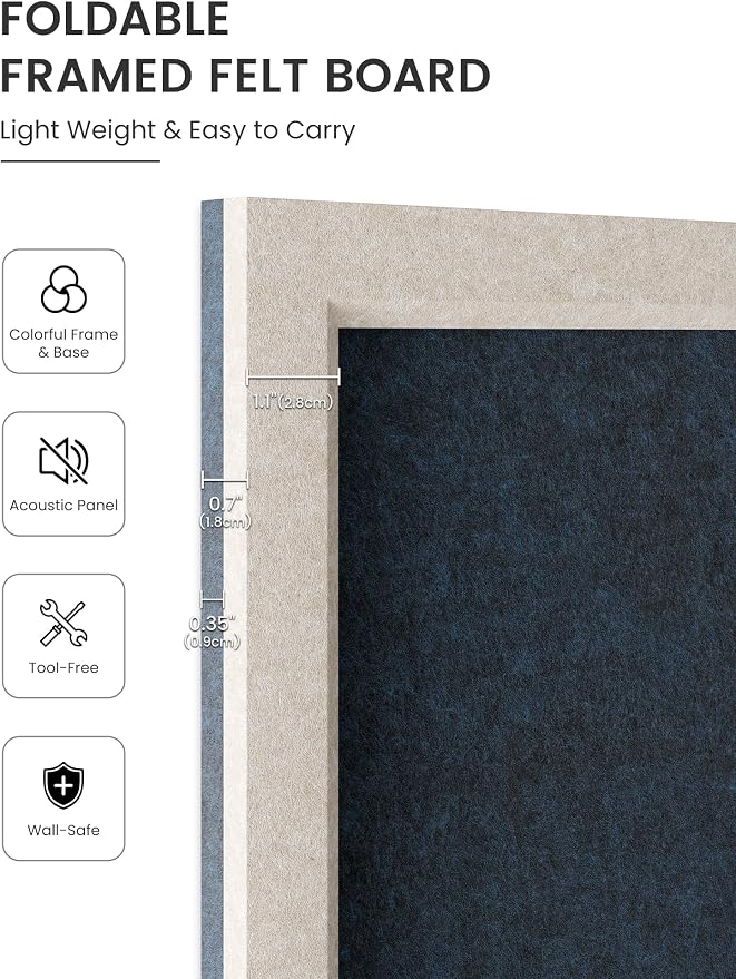 Fluxynara 35.4" x 23.6" Felt Frame Bulletin Board, Carbon Blue | Cork Board Alternative with 24 Removable Adhesive Tabs, Foldable Pin Board for Wall, Home, Office, Classroom & Dorm