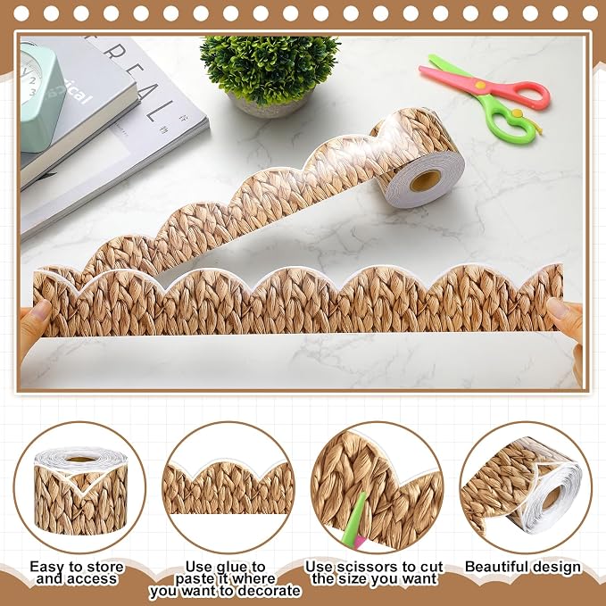 Zonon 65.6 Ft Woven Bamboo Bulletin Board Border Farmhouse Classroom Decor | 1 Roll Boho Border Natural Scalloped Trim, Straw Weaving Border, Suitable for Back to School Chalkboard, Poster, Wall, Decor