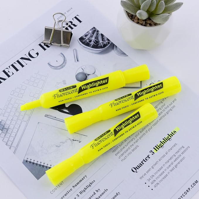 BAZIC PRODUCTS Yellow Highlighters, Chisel Tip, 3 Count, 144-Case | Quick-dry, Yellow fluorescent desk-style highlighters, wide barrel, non-toxic ink, ASTM D-4236, odorless
