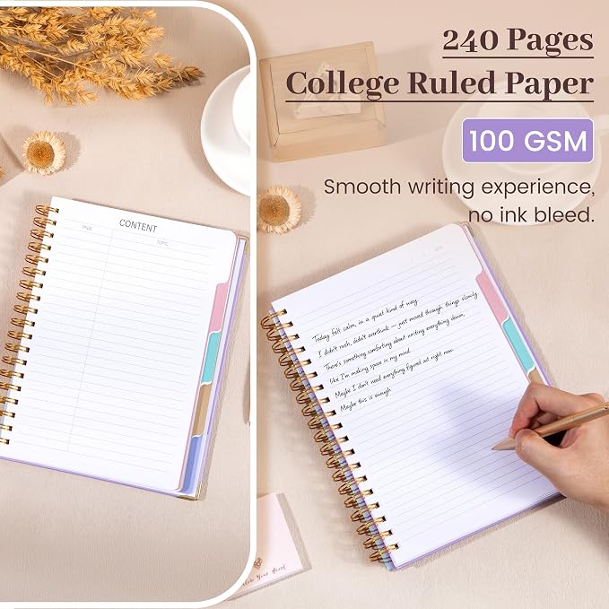 Yoment Hardcover Spiral Notebook with Tabs 8"x10" Large 5 Subject Notebook | Spiral Journals for Women with Dividers 240 Pages College Ruled Notebooks for Work, Back to School, Gifts, Purple