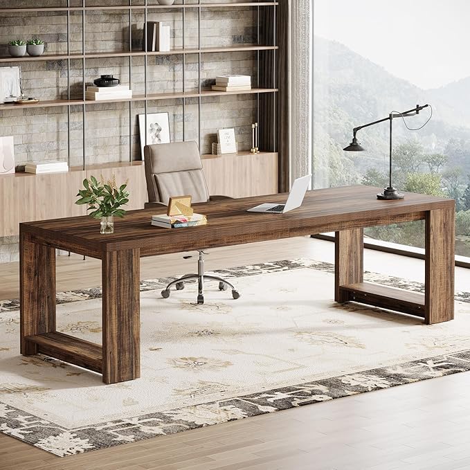 Tribesigns 2 Person Desk Set of 2, 86.6 Inches Extra Long Desk, Two People Computer Writing Table, All Wood Large Desks Workstation for Home Office, Rustic Brown