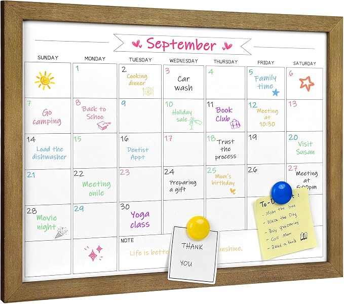 Small Dry Erase Monthly Calendar Whiteboard, Magnetic Surface White Board for Wall, Office/School/Home, Solid Pine Wood Rustic Brwon Frame Hanging Board & Planning Board, 13"x 17" (YL-RB-3343-B)