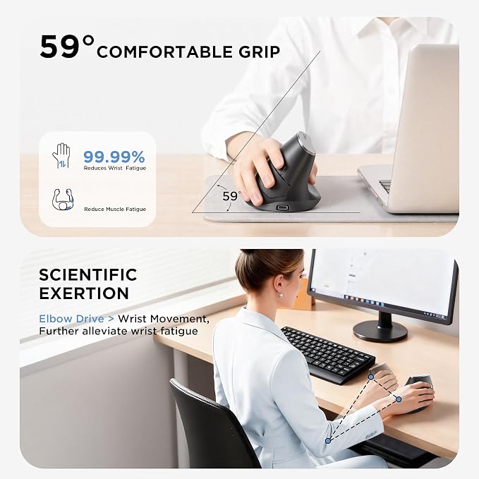 Uineer Ergonomic Vertical Mouse, 2.4G Wireless Mouse, Rechargeable, 4-DPI | Right-handed vertical design with 2.4G USB-A connection, rechargeable battery and visible battery level.