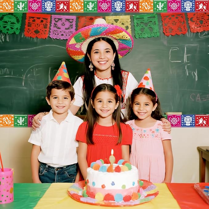 BeYumi Mexican Fiesta Border Trim - 65ft Cinco De Mayo Flags Straight Rolled Border Trim Colorful Papel Picado Mexican Fiesta Carnival Bulletin Board Set Taco Birthday Party School Home Wall Decor