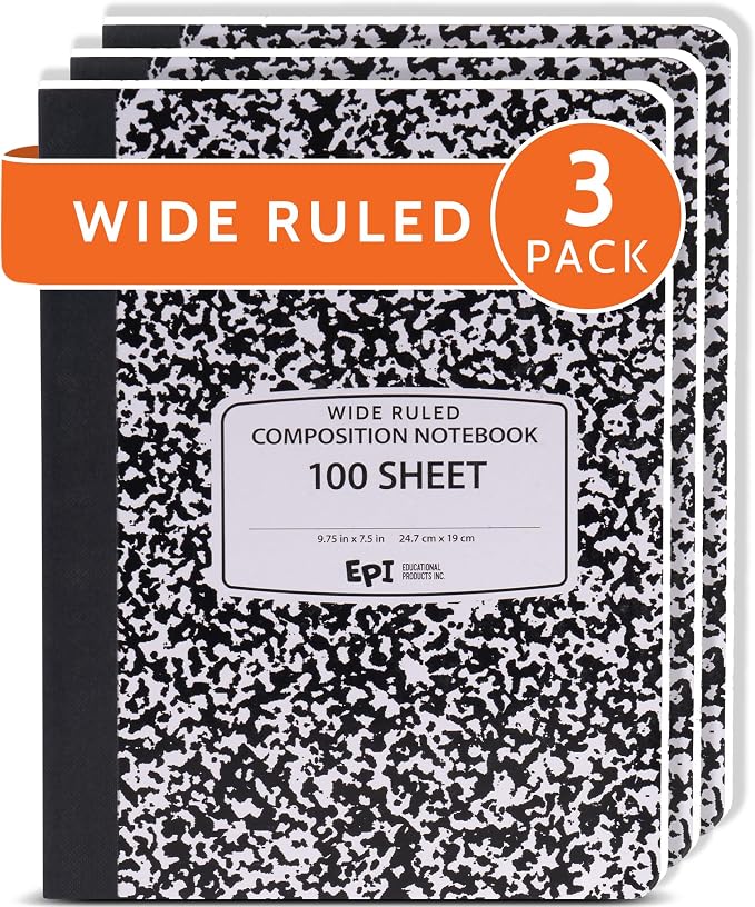 3 Pack - EPI Marble Hardcover Wide Ruled Composition Notebook | 200 Pages (100 Sheets), 9.75 x 7.5 in, Sturdy Sewn Binding | School, Office, Journaling, Notes
