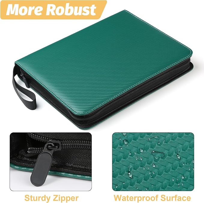 GERMUN 3 Ring 9 Pocket Zipper Card Binder, 720 Double Sided Standard PU Trading Card Album Folder for TCG & Sports Cards, Not Fit Top Loaders (Dark Green)