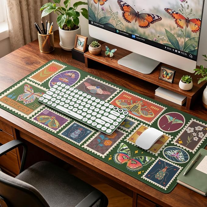 iCasso Vintage Desk Cover Mat, XXL Large Butterfly Mouse Pad, Olive Green | Desk Matt for Desktop Protector, Anti-Slip Mousepad with Stitched Edges for Laptop Computer Keyboard