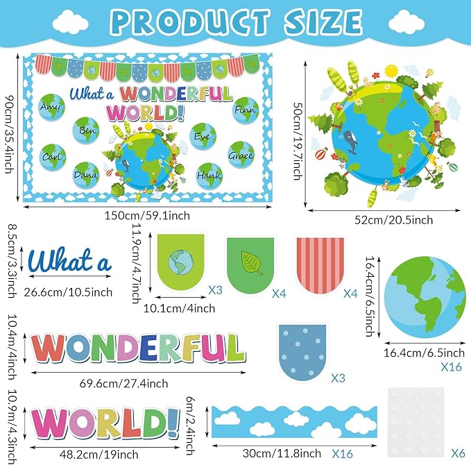 Earth Bulletin Board Set What A Wonderful World Classroom Bulletin Board Decorations Earth Name Tag Cutouts Classroom Decorations for Back to School Teachers Office Chalkboard Decor Wall Door Supplies
