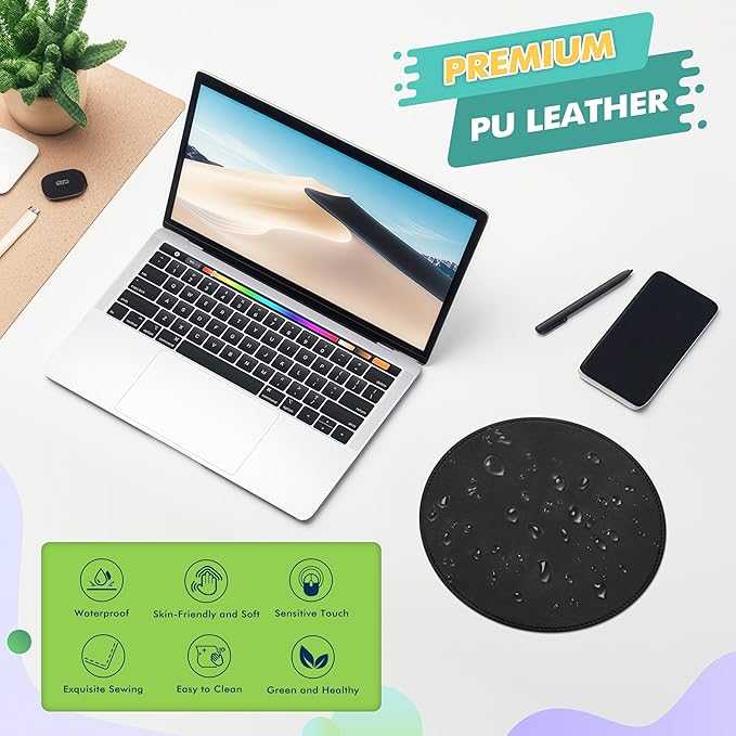 Mouse Pad，Round Mouse Pad，PU Mouse Pad，Leather Mouse Pad with Stitched Edge Micro-Fiber Base with Non-Slip Waterproof，Mouse Pad for Computers，Laptop，9 x 9 Inch (Black)