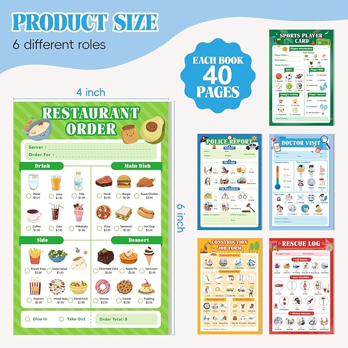 6 Pack Kids Pretend Play Notepads, 40 Pages Kids Playtime Pads, 4'' x 6'' Boys Theme Imaginative Role Play Activity Pads