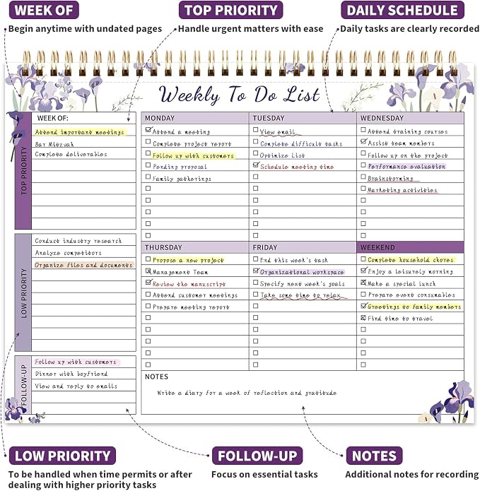 104 Pgs Weekly To Do List Notepad 52 Duplex-Printed Undated Sheets 100 GSM | （8.5"×11") Weekly Desk Planner For Work Home School Office Desk Accessories Supplies & Goal Setting Tasks - Purple Iris